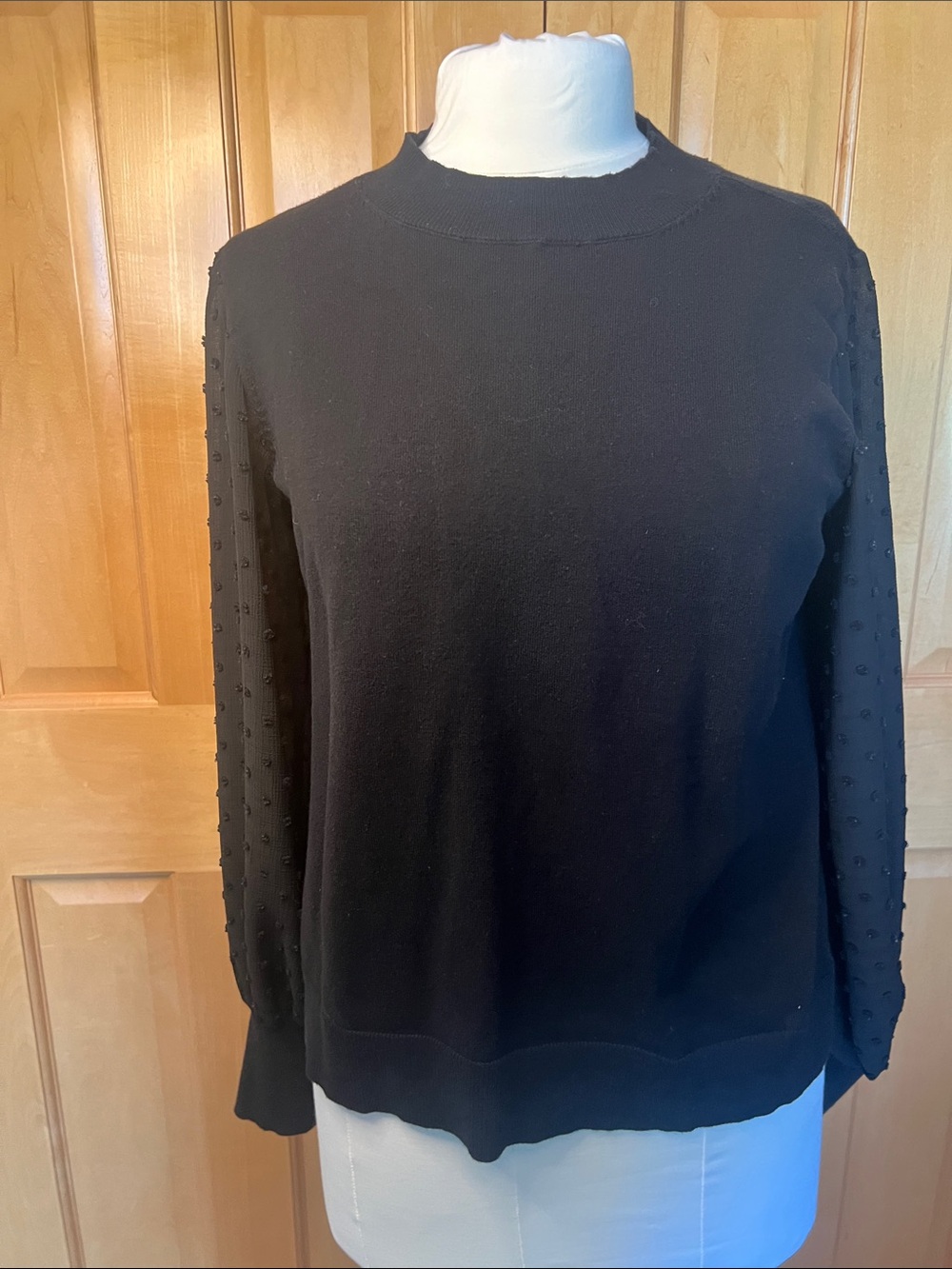 CeCe Black Crewneck Sweater with Dotted Textured Sleeves